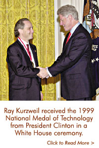 Photo of ray kurzweil receiving the national medal of technology from president clinton